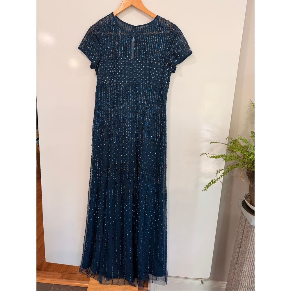 Adrianna Papell Beaded Sequin Gown Navy Sz 10